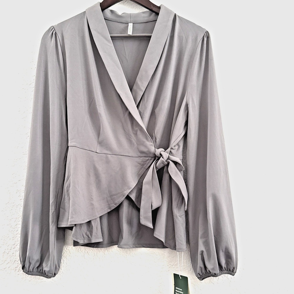 Halara Shawl Collar Wrap Blouse Gray Balloon Sleeve Side Tide Ruffle Hem Size L